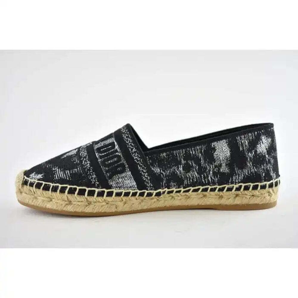 Dior Granville Mizza Lurex Embroidered Black Grey Silver Logo Espadrille Flat 37 - Picture 9 of 12